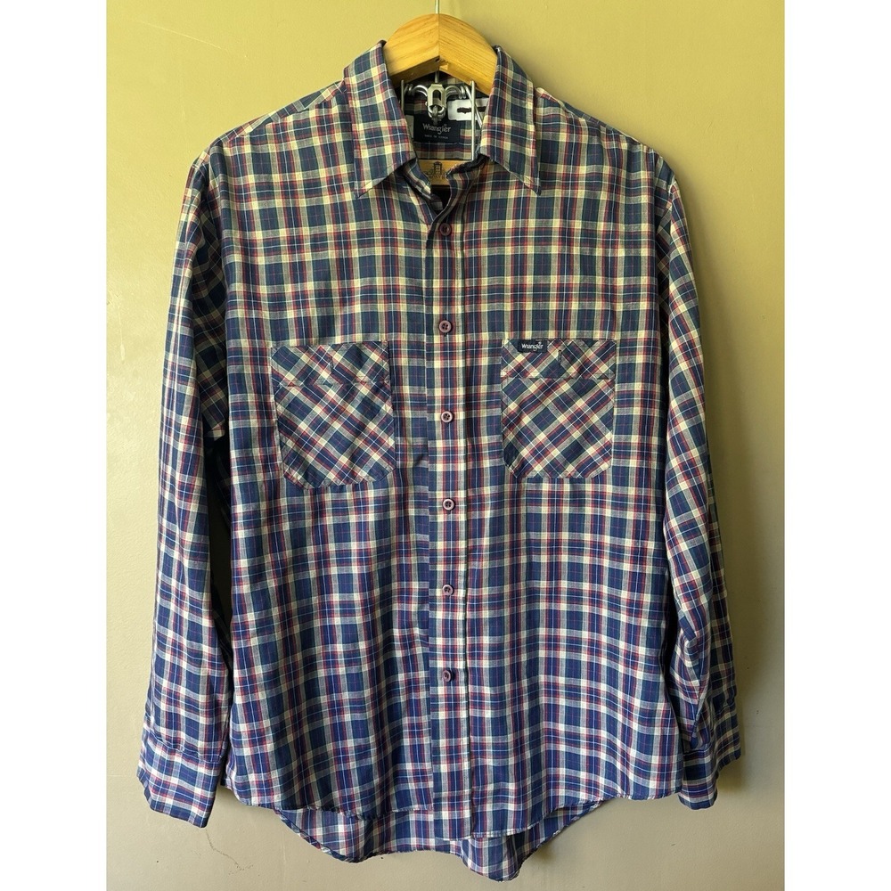 Wrangler Men's Long Sleeve Button Up Shirt Blue Plaid Vintage‎ Size Large